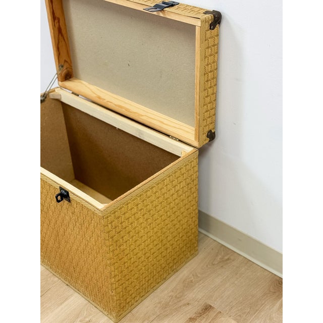 Vintage Blonde Woven Wicker Chest, Brass Clamp Hardware Storage, Coastal Trunk For Sale - Image 12 of 14
