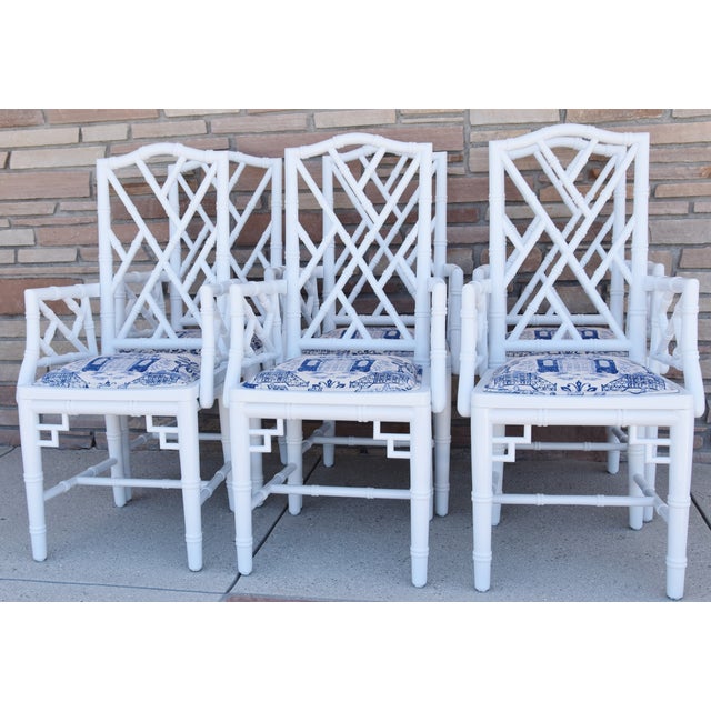 Vintage set of 6 chinoiserie Chippendale-style faux-bamboo armchairs. Freshly painted with new custom upholstered blue and...