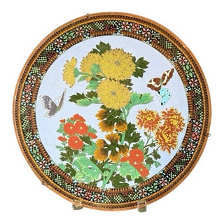 Japanese Cloisonne Enamel Plate With Chrysanthemums Butterflies Lavender Ground For Sale