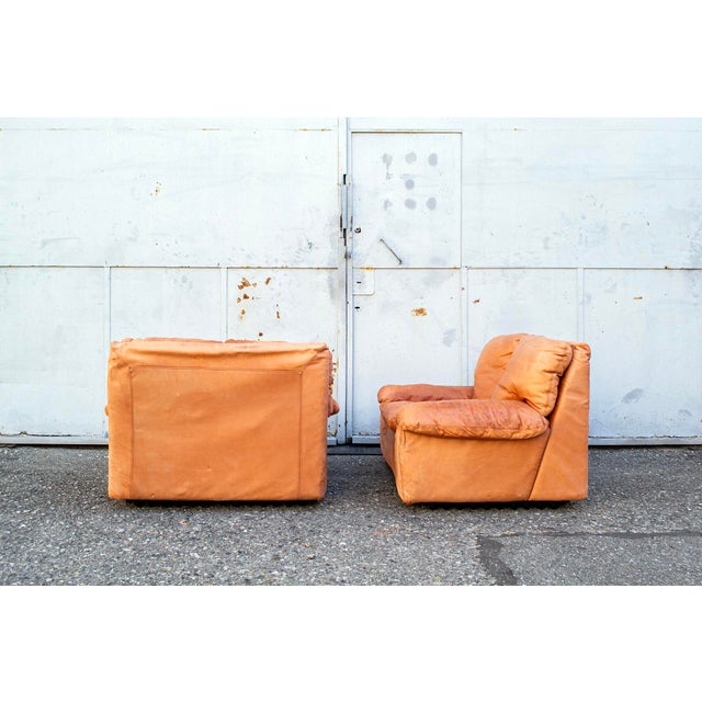 Pair of Bonheur armchairs with leather-covered padding and plastic base. Designed by Titina Ammannati and Giampiero...