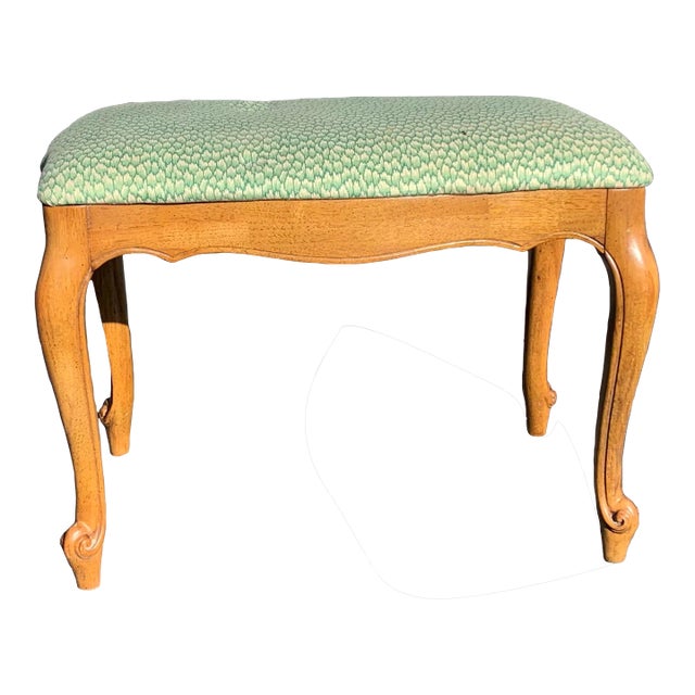 French Country Bench With Green Upholstery For Sale
