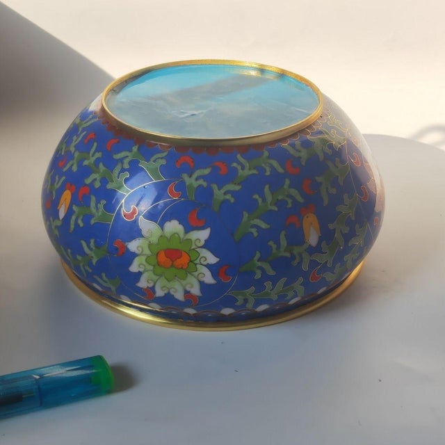 Blue Vintage Cloisonné Enamel Brush Washer – Scrolling Lotus & Vine Motif, Cobalt Blue Ground For Sale - Image 8 of 8