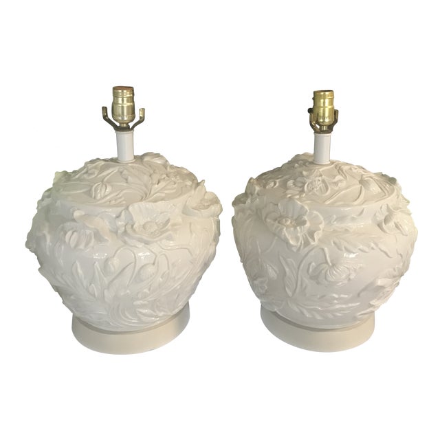 1960s Italian Ceramic Hamd Made Floral Lamps Blanc De Chine - a Pair For Sale