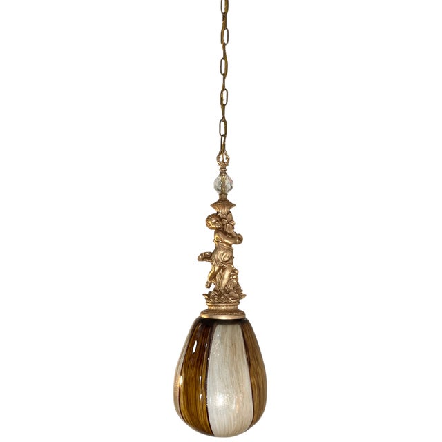Murano Art Glass Aventurine Ovoid Shade With a Cherub Sculpture Pendant Light For Sale - Image 12 of 18
