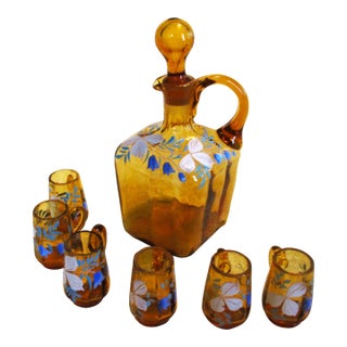 Antique Bohemian Enameled Flower Amber Glass Cordial / Liqueur Decanter With Glasses- 7 Pieces For Sale