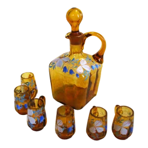 Antique Bohemian Enameled Flower Amber Glass Cordial / Liqueur Decanter With Glasses- 7 Pieces