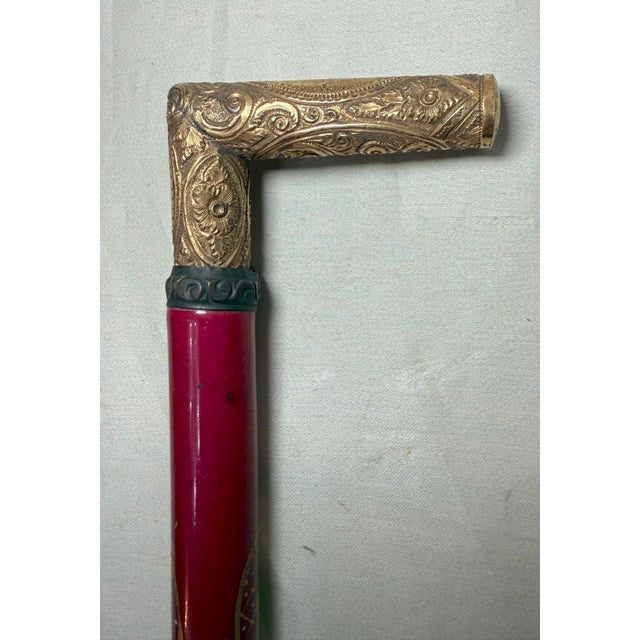 Antique 1800's Victorian Yellow Gold Filled Wood Porcelain Walking Stick Cane For Sale - Image 10 of 17