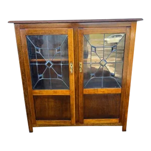 Antique Early 20th Century Arts & Crafts Mission Style Leaded Glass Oak Bookcase