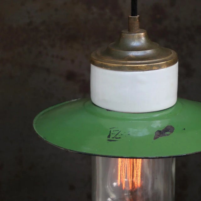 Vintage Industrial Green Enamel Brass, Porcelain, and Clear Glass Pendant Lamp For Sale - Image 4 of 7