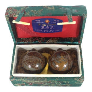 Vintage Chinese Shi-Lou Stone Stress Balls or Boading Baoding Balls Pair or Set in Silk Fabric Covered Box For Sale