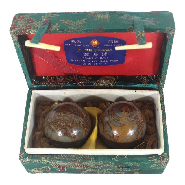 Vintage Chinese Shi-Lou Stone Stress Balls or Boading Baoding Balls Pair or Set in Silk Fabric Covered Box For Sale