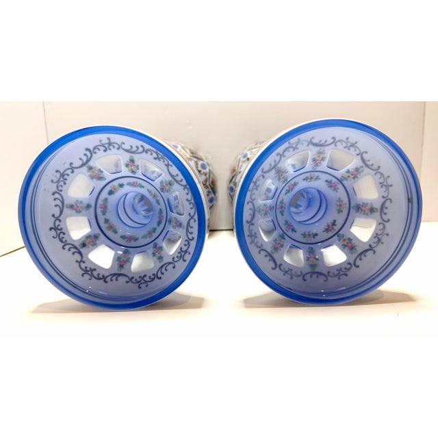 Antique Bohemian Czech Victorian Blue Opaline Glass Enamel Floral Lusters Pair For Sale - Image 11 of 12