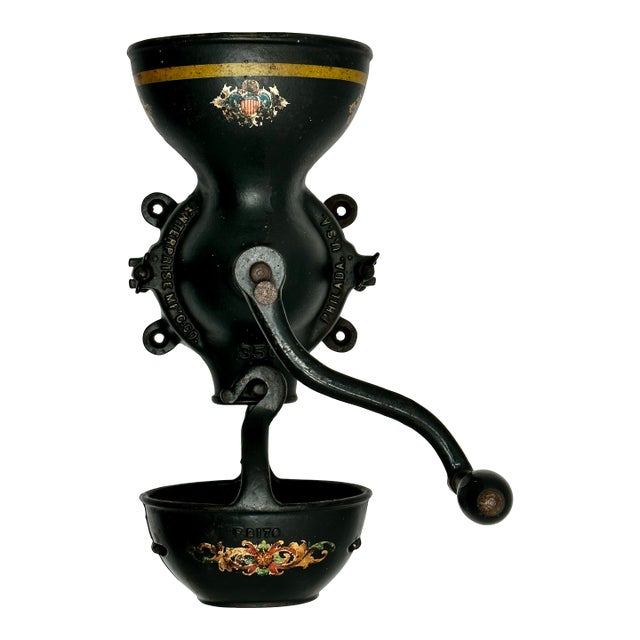 Rare Large Size Antique Enterprise #350 American Cast Iron Wall Mount Hand Crank Coffee Grinder For Sale