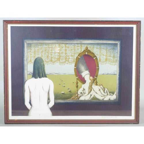 Bert Johnny Nilsson. Lithograph on paper. Surrealist composition with nude figure. A surrealist lithograph by Swedish...