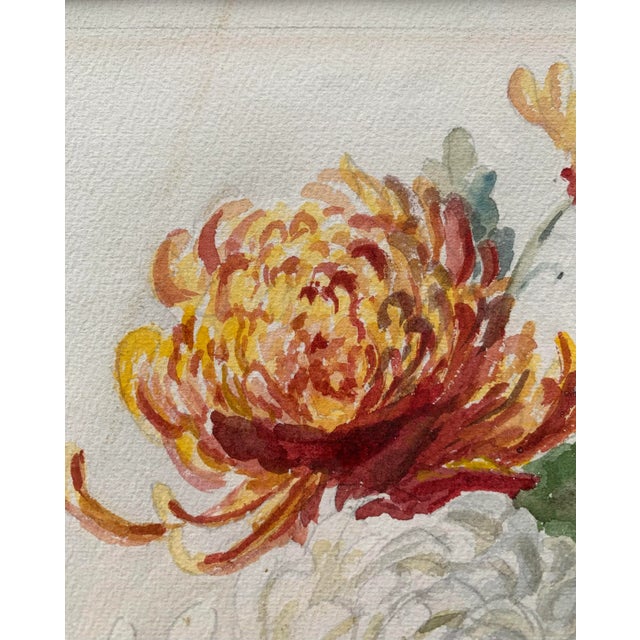Vintage circa 1920s - 1940s floral watercolor with two large chrysanthemum flowers in red and orange, and in white. The...