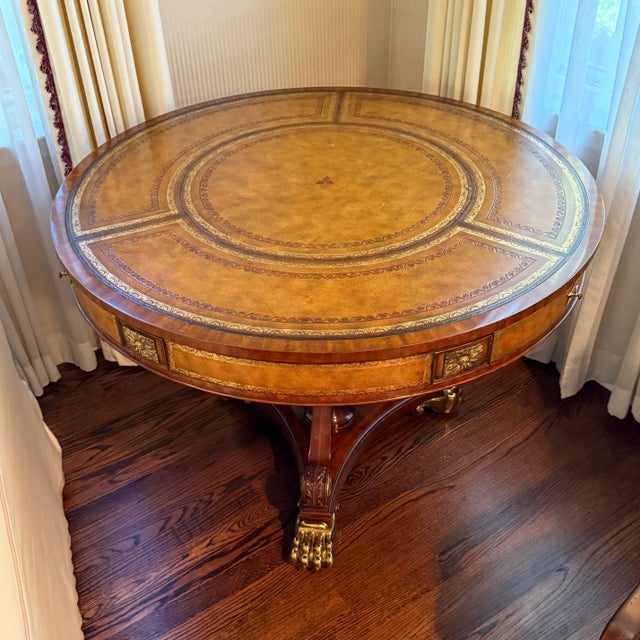Maitland Smith Brass Mounted Mahogany and Leather Drum Table For Sale - Image 10 of 12