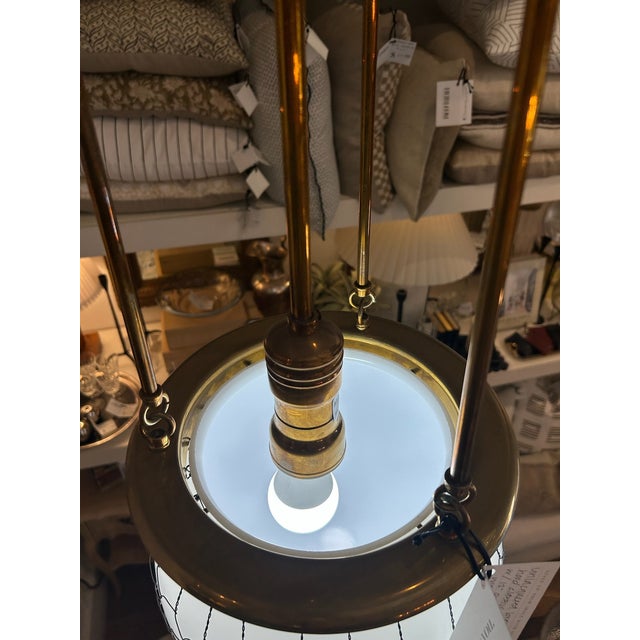 Late 20th Century Unlacquered Brass Hood Classic Pendant With 12-Inch Opal Globe With Wire Mesh For Sale - Image 4 of 12