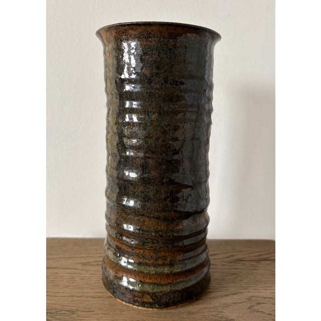 Ceramic Vintage Brown Rust Tall Vase, Signed For Sale - Image 7 of 8