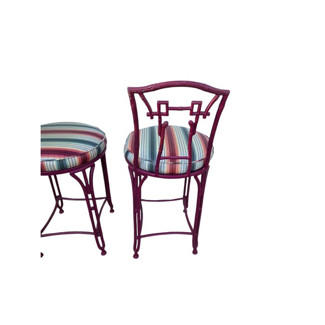 2 Vintage Chinese Chippendale Regency Side Chair Counter Stools Aluminum Bamboo For Sale - Image 11 of 16
