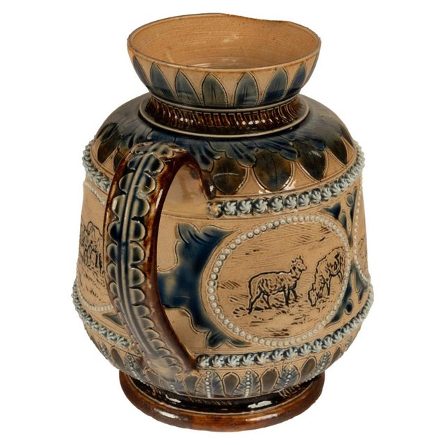 Antique Aesthetic Movement Doulton Lambeth Hannah Barlow Stoneware Jug Sheep, 1873 For Sale - Image 10 of 17
