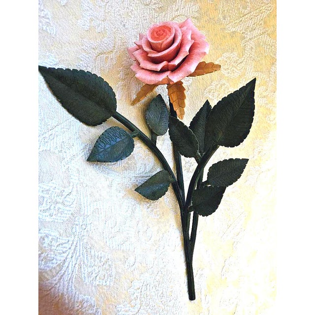 Salmon Vintage Handcarved and Painted Wooden Long-Stem Rose For Sale - Image 8 of 9