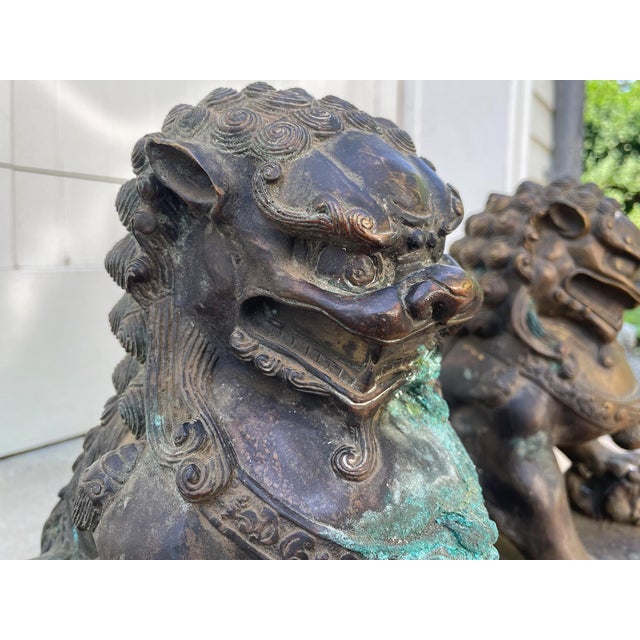 Metal Antique Bronze Guardian Lions or Foo Dogs - A Pair For Sale - Image 7 of 17