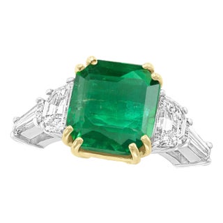AGL Certified Minor 5.29 Ct Emerald Cut Colombian Emerald Diamond Platinum Ring For Sale