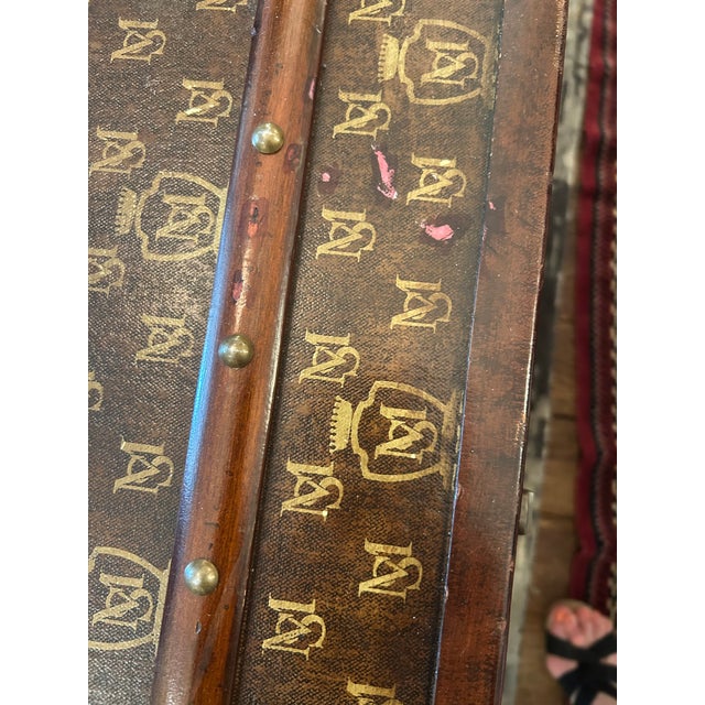 Large Leather Wrapped Maitland Smith Trunk With Wooden Mounts For Sale - Image 15 of 16