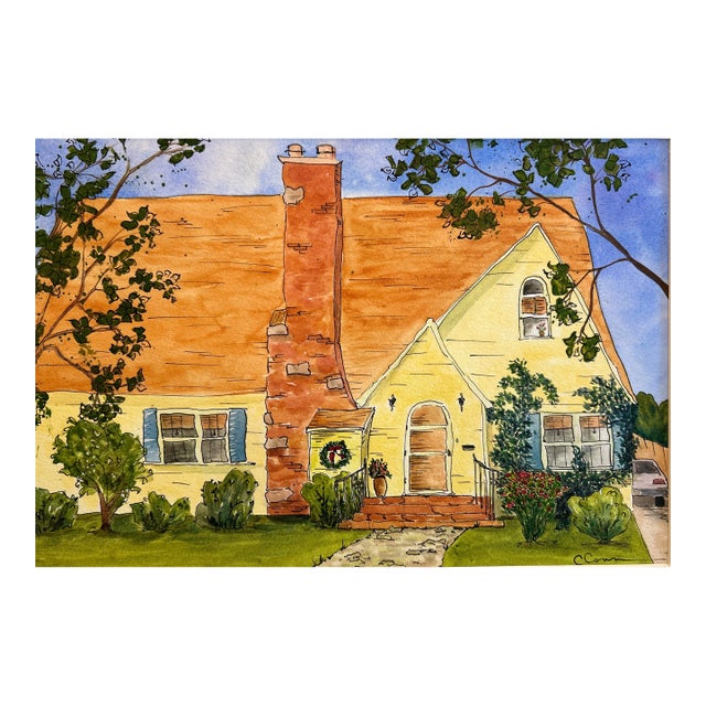 Original Watercolor Painting Ink and Wash “Yellow House in Twin Falls” For Sale