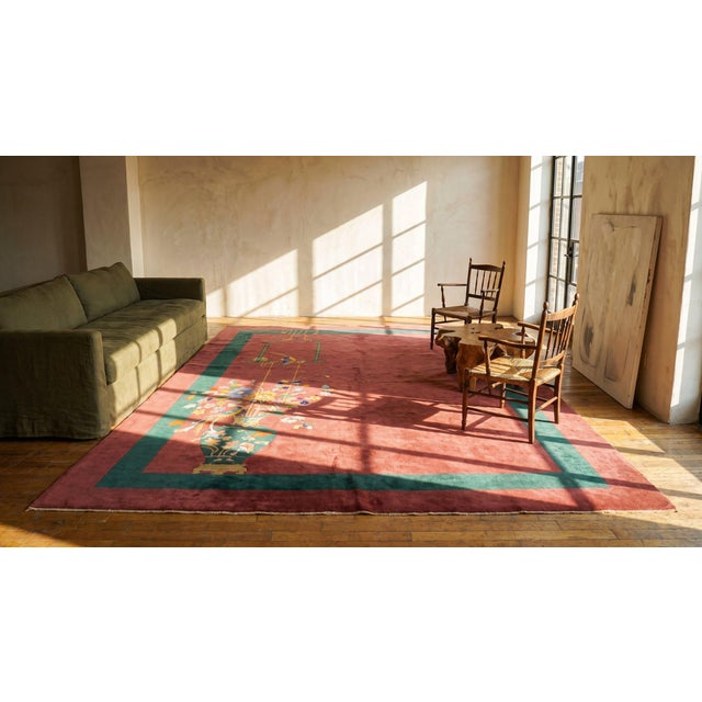 Textile 1920s Pink Blush Floral Modern Antique Chinese Art Deco Rug 8'9" X 11'6" Handknotted Wool Carpet For Sale - Image 7 of 8