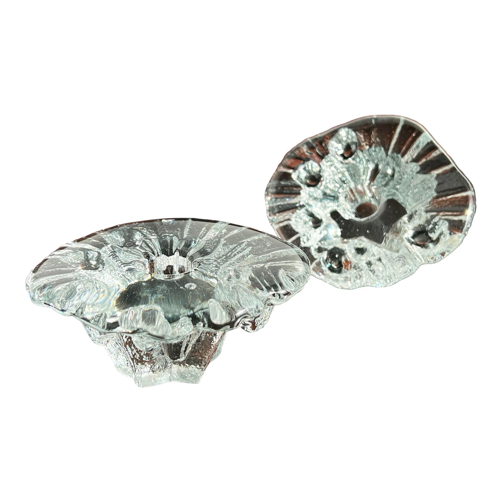 Vintage Scandinavian Art Glass 'Ice' Candle Holders by Tapio Wirkkala for Iittala - a Pair