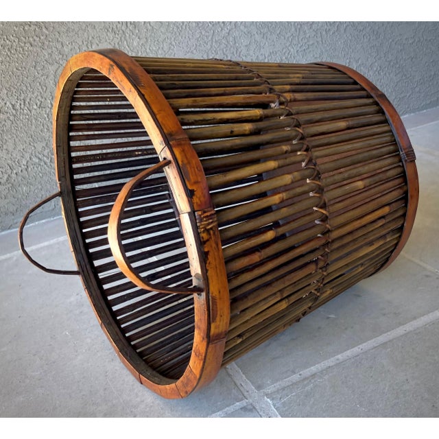 Mid 20th-Century Split Bamboo Tortoiseshell Planter Floor Basket With Ear Handles For Sale - Image 11 of 18