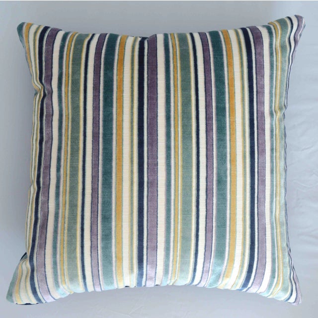 Textile FirmaMenta Italian Blue Stripes Velvet Pillow For Sale - Image 7 of 7