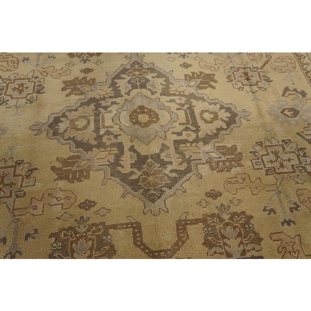 1920s Tan Beige Medallion Antique Turkish Decorative Oushak Rug 9'3" X 11'10" Handknotted Wool Carpet For Sale - Image 9 of 14