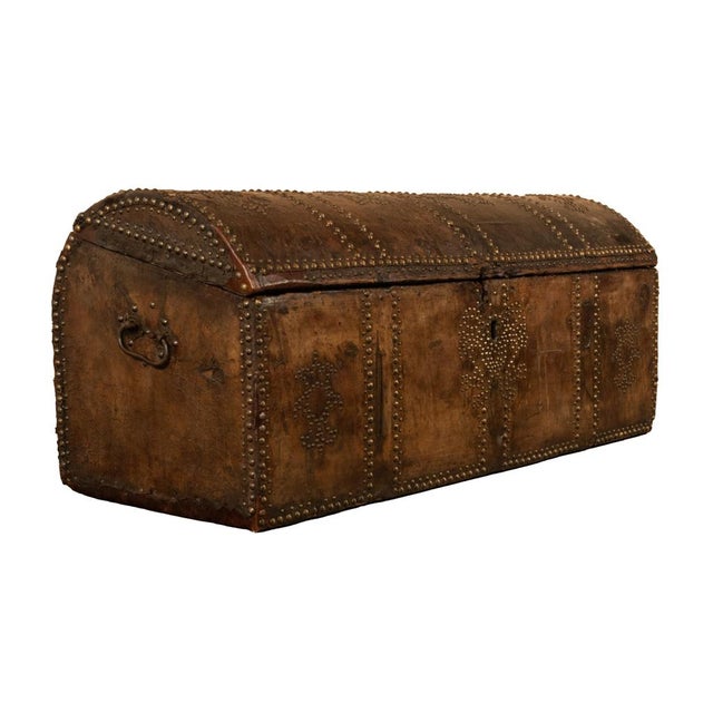 Antique 17th C Italian Leather Pine & Brass Stud Work Carriage Chest Trunk 1680 For Sale - Image 4 of 18