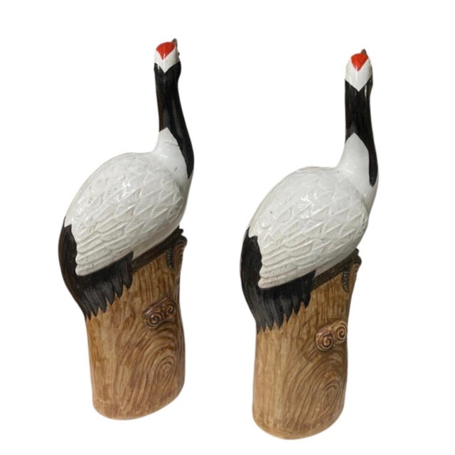 Asian Pair of Vintage Asian Glazed Ceramic Red-Crowned Crane Statues For Sale - Image 3 of 12
