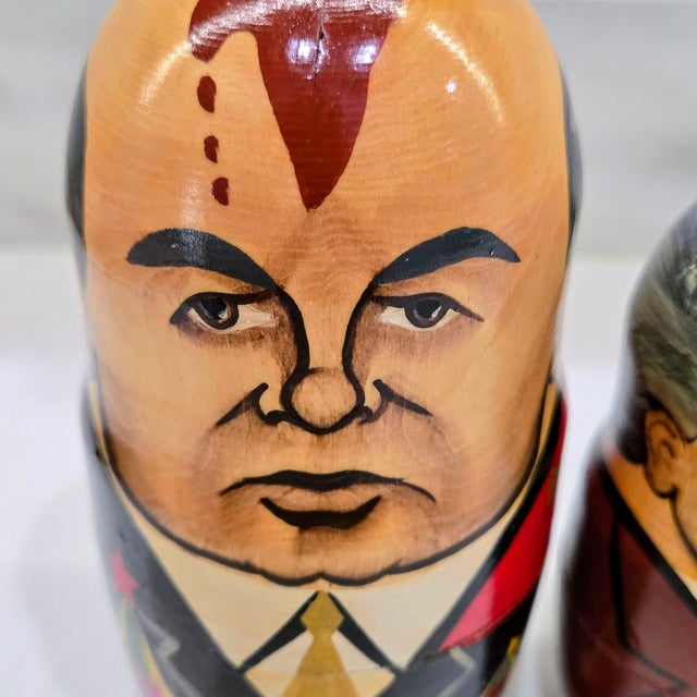 Yellow Vintage Russian Political Nesting Dolls, Hand-Painted Moscow 1991, Set of 5 For Sale - Image 8 of 12