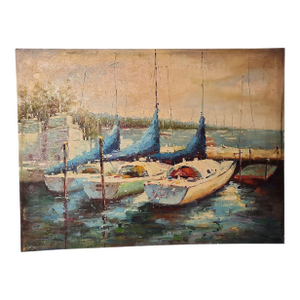 Late 20th Century Original Oil on Canvas of Sailboats at Dock - Signed Marita