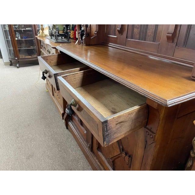 Wood 100+ Year Old Hutch Cabinet, Burl Wood Inlay, Hand Carved, Beautiful Antique For Sale - Image 7 of 12