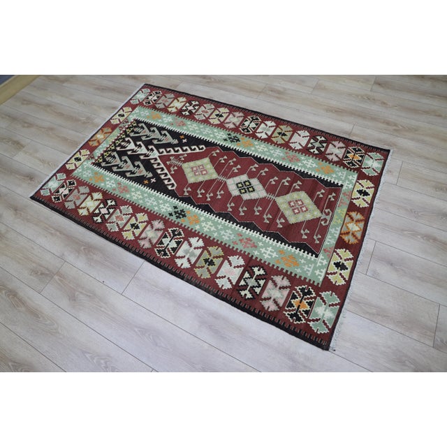 Mid-Century Modern 1980s Mid-Century Burgundy Flamestich Kilim Rug For Sale - Image 3 of 13