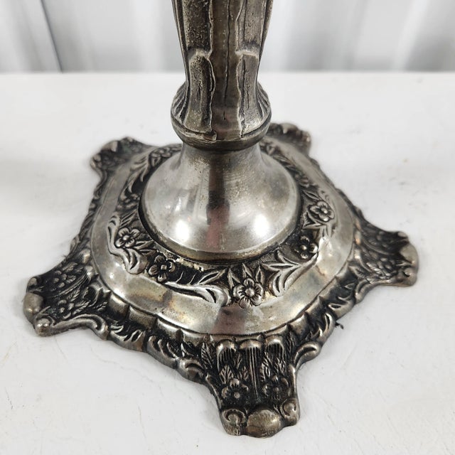 Silver Vintage Silverplate Candlestick With Embossed Floral Motifs · Made in India For Sale - Image 8 of 9