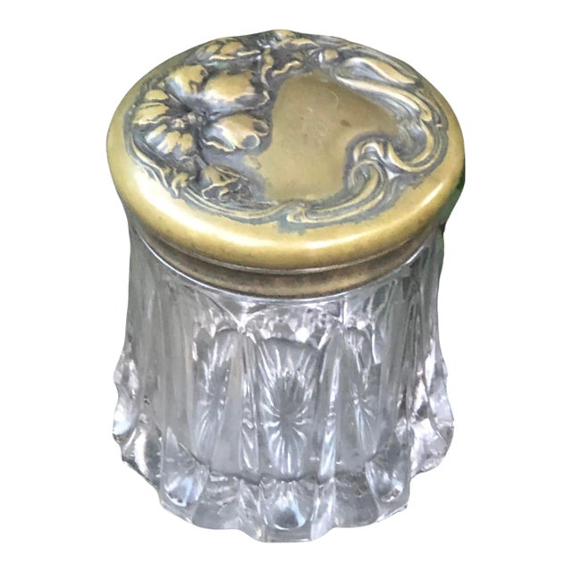 Antique Art Nouveau Heavy Glass Ornate Floral Brass Lid Humidor Jar For Sale