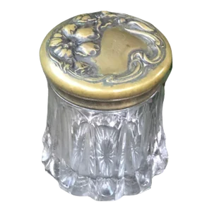 Antique Art Nouveau Heavy Glass Ornate Floral Brass Lid Humidor Jar