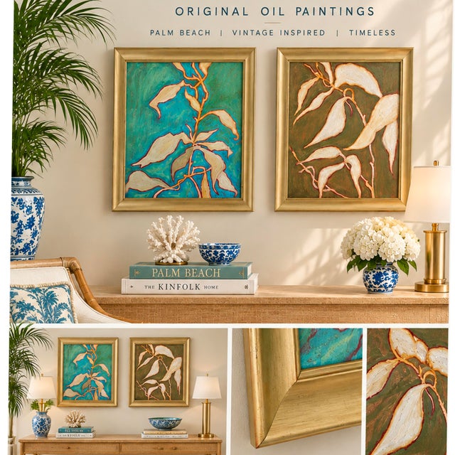 Both finished in matching brushed gold frames. Ready to hang as acquired. Medium: Oil sticks on canvas Frame: Gold,...