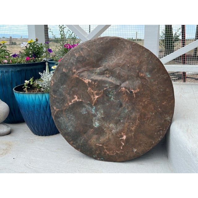 Huge Antique Copper Cauldron: Hand Forged Firewood Bucket 19" With Hand Etched Riveted Handle Green Patina Damage For Sale - Image 13 of 14