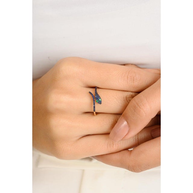 Art Deco 14k Solid Gold Serpent Ring With Pave Set Sapphires & Emeralds Ring Size 6 For Sale - Image 3 of 11