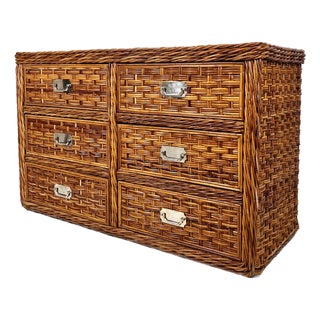 Vintage Woven Rattan Wicker Campaign Dresser For Sale