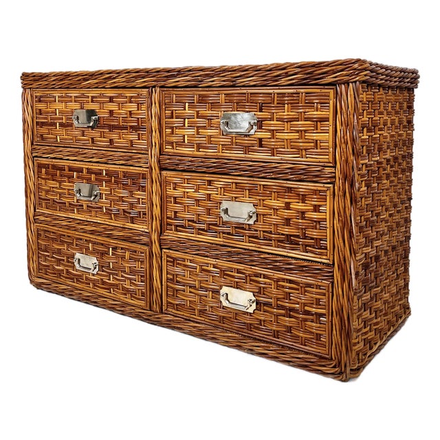 Vintage Woven Rattan Wicker Campaign Dresser For Sale