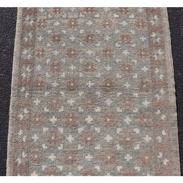 Textile Turkish Oushak Runner With Repeating Floral Motif in Taupe and Seafoam Green For Sale - Image 7 of 10