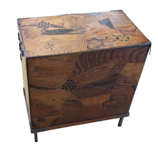 Wood Wonderful Raised Japanese Cabinet Crafted With Geometrically Intricate Inlayed Wood and Hand Wrought Hardware For Sale - Image 7 of 12